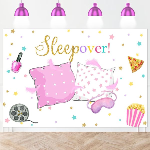 Mocsicka Sleepover Party Backdrop Sleepover Pajamas Pillow Fight Pink Girl Party Decorations Slumber Party Banner Photography Background Cake Table Studio Props (5x3ft)