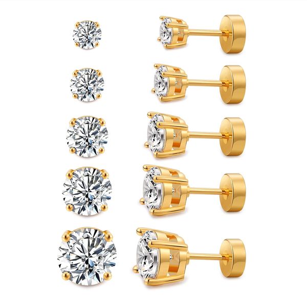 Kainier Women's 5 Pairs 14K Gold Plated CZ Stud Earrings Flat Back Earrings Simulated Diamond Round Surgical Steel Cubic Zirconia Hypoallergenic Flat Back Ear Stud Set（5 Pairs)