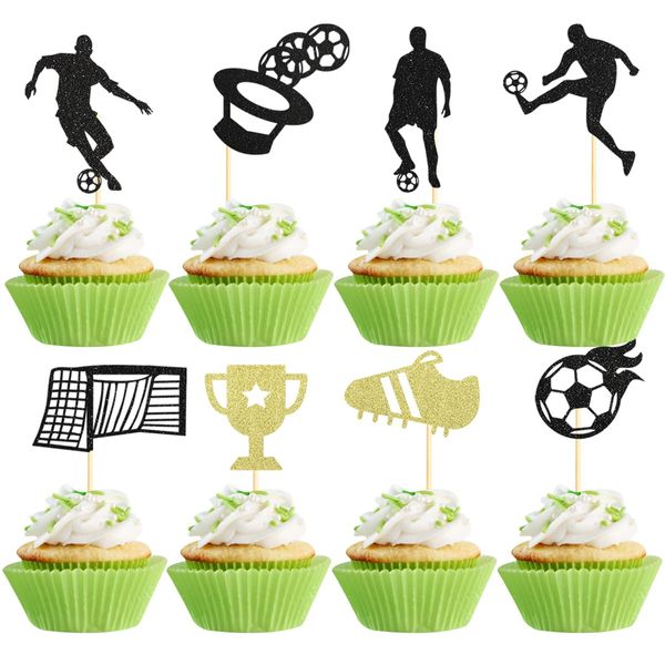 Sotpot 32 pcs Glitter Soccer Cupcake Toppers, Soccer Ball Football Cupcake Toppers Sport Themed Party Decoration for Man Boy Birthday Baby Shower World Soccer Cup Party Cake Decor