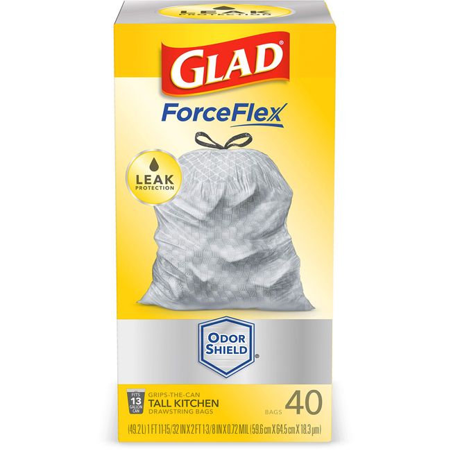 Glad ForceFlex 13 Gallon White Tall Kitchen Drawstring Trash Bags,  Original, 40 Ct