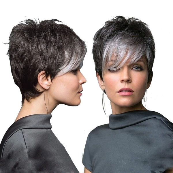 Gray Wigs for Women, Fluffy Not Deformable Black Short Wigs with Silver Bangs Natural Appearance Black Short Curly Hair Wigs Suitable for Middle-Aged and Older Women's Daily Use Costume Wigs