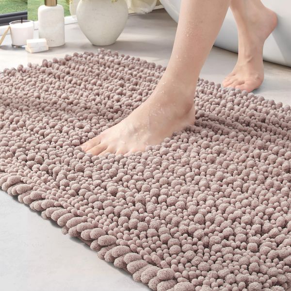 DEXI Chenille Bath Mat, Non Slip Thick Bathroom Mat, Absorbent and Soft Bath Rugs, Washable Carpet Runner Floor Mat, 40 x 60cm, Beige