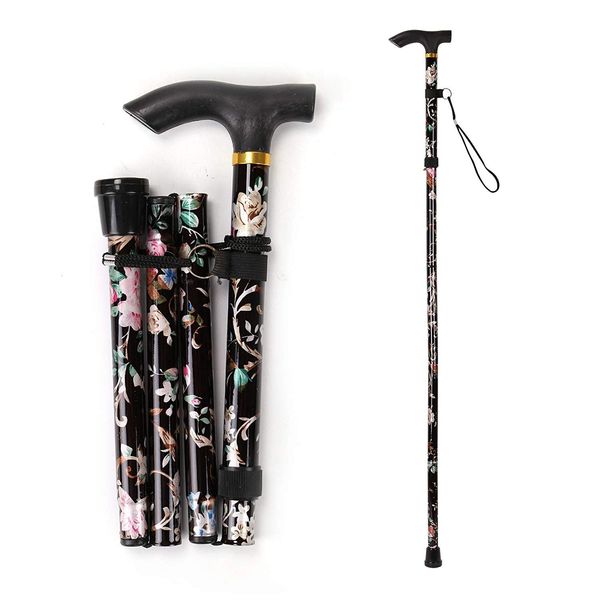 KAV Walking Stick, Easy Adjustable Height Folding Extendable Walking Cane, Lightweight Flexible and Durable Walking Aid Mobility Aid Collapsible Walking Stick (Black Floral)