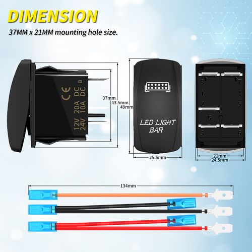 LED Light Bar Switch ON/Off 5 Pin Laser Marine Rocker Switch Waterproof 12V 20A 24V 10A Blue LED Light Bar Toggle Switch with Jumper Wires for Car Boat ATV UTV RZR