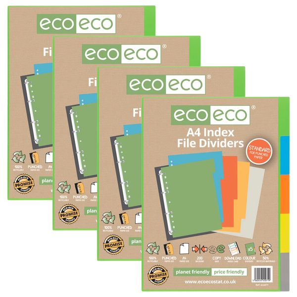 eco-eco A4 50% Recycled Multipunched Reinforced Colour Set 5 Subject Index File Dividers 200mic (Pack of 4) eco071x4