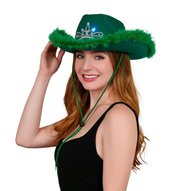 Green Blinking Light Up Tiara Felt Cowboy Cowgirl Dress Up Hat With Feather Trim - Perfect for Christmas, St Patrick's and Mardi Gras Party