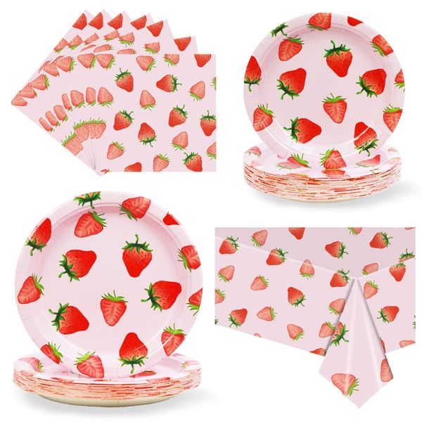 CENLBJ Strawberry Party Tableware Set,Strawberry Birthday Party Decoration,Summer Fruit Party Supplies Paper Plates Napkins Tablecloth for 25 Guests Great for Birthday Summer Fruit Party 1st Party