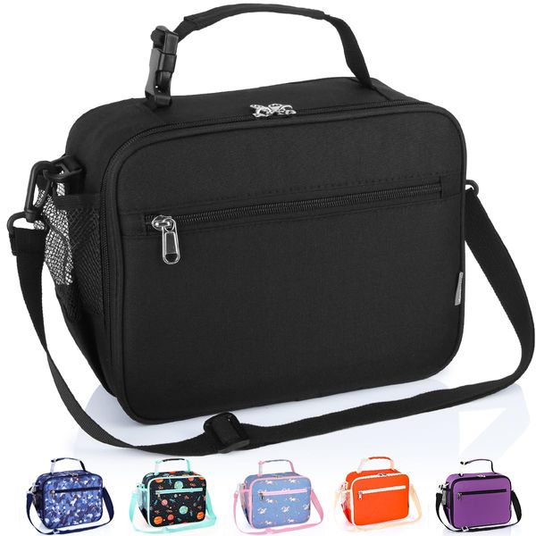 Homtibrm Insulated Lunch Bag, Kids Thermal Cool Bag with Adjustable Strap, Waterproof Lunch Box Bag for Adults Kids Boys Girls Work School Picnic (Black)