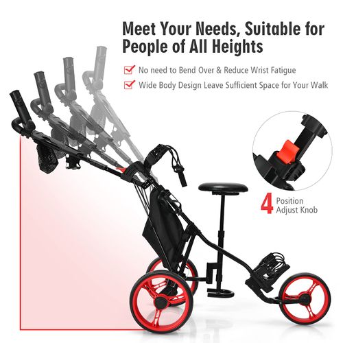 COSTWAY 3 Wheel Golf Push Pull Cart, Lightweight Foldable Golf Trolley with Detachable Stool, 4 Height Position Handle, Adjustable Umbrella Stand, Storage Bag, Cup Holder and Foot Brake (Red)