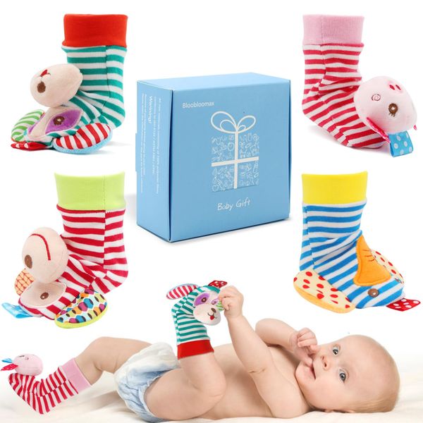 BLOOBLOOMAX Baby Infant Rattle Socks Toys, Sock rattles for Babies 0-24 Months Baby Animal Foot Finder Learning Toy (Cotton A)