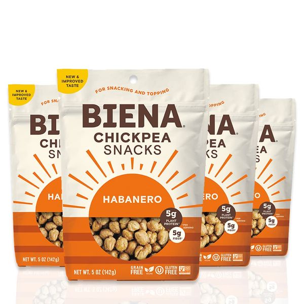 Biena Crispy Roasted Chickpea Snacks - Habanero, High Protein Snacks, High Fiber Snacks, Gluten Free, Plant-Based, Allergy Friendly, Non-GMO, 4-Pack 5 Ounce Bags