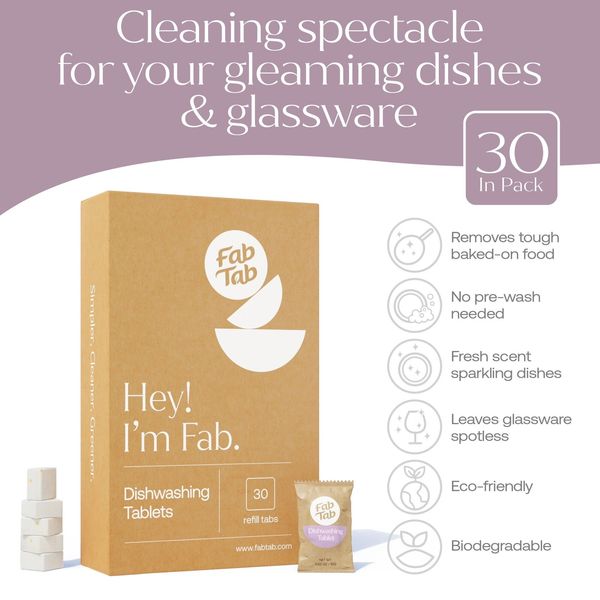 FAB TAB Plastic-Free Dishwashing Tablets - Eco-Friendly Dishwasher Detergent 30