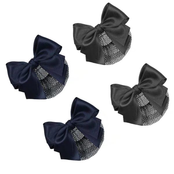 iRIIRIO 4pcs Women Hair Clips with Bowknot Hair Bun Cover Barrettes Net Snood Hairnet Bow (2pcs Blue+2pcs Black)