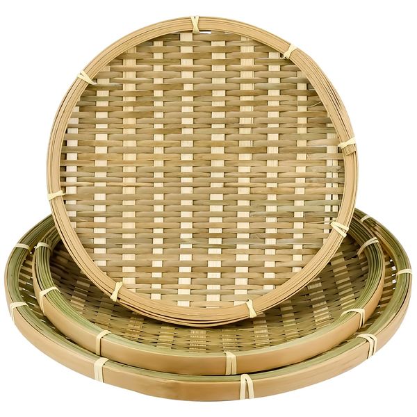 Natural Bamboo Woven Trays, Round Handmade Stackable Basket for Kitchen, Dining, Garden Organization Flat Fruit Vegetable Storage (3 Size)