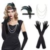 3 Pack 1920s Flapper Headband Accessories Set, Vintage Flapper Feather Headband, Black Long Gloves, Pearl Necklace, Great Gatsby Costume Accessories, Retro Style Hair Accessories