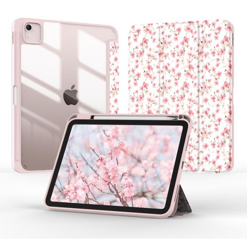 Jarviwiin Case for iPad Air 11 Inch M3/M2 2025/2024, iPad Air 5th/4th Generation 10.9" 2022/2020, Tri-Fold Folio Auto Wake/Sleep Cover with Clear Back/Pencil Holder for Air 5 4 (Floral Pink)