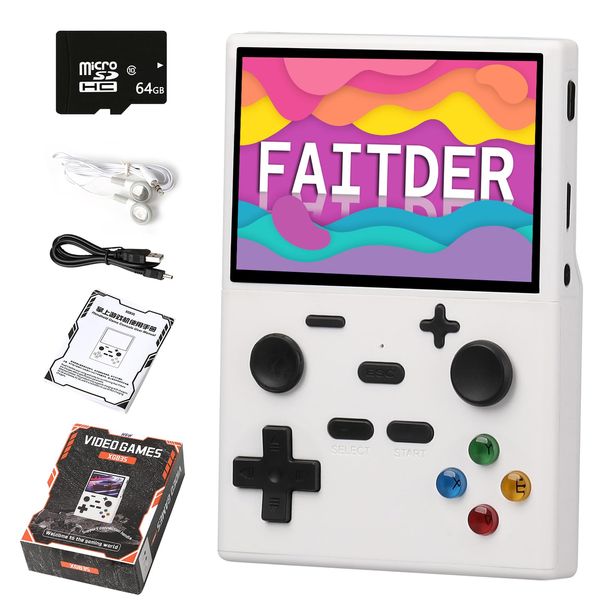 FAITDER - XGB35 3.5-inch Retro Video Game Console with 64GB TF Card, Support for 13,000+ Games, Portable Rechargeable Output TV Open Source (Linux System) Console Emulator Children's Gifts（White）