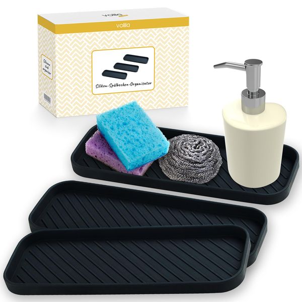 volila Schwammhalter Küche Schwarz - 3er-Pack Abtropfmatte Schmal - Silikon Drainagematte Sink Organizer für Schwämme, Spülmittel, Waschmittel, Seifen und Bürsten