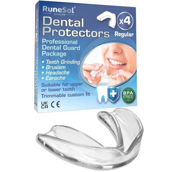 Runesol Mouth Guard for Grinding Teeth, 4 x Regular, Gum Shield for Teeth Grinding, Bruxism Mouthguard, Night Tooth Guard for Adults,Stop Grinding Teeth Dental Protector,Class 1 Medical Device UKCA CE