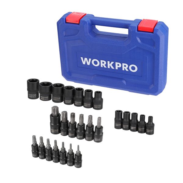 WORKPRO 25-piece Torx Bit Socket and External Socket Set, 1/4", 3/8", 1/2" Drive