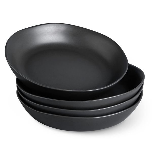 AmorArc 9.75'' Ceramic Large Pasta Bowls, 38oz Stoneware Flat Serving Bowls Set of 4, Oven,Microwave&Dishwasher Safe Bowls with Wavy Rim for Fruit Pasta Salad Meal, Matte Black