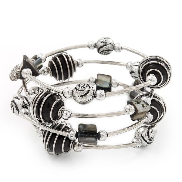 Avalaya Silver-Tone Beaded Multistrand Flex Bracelet (Black)