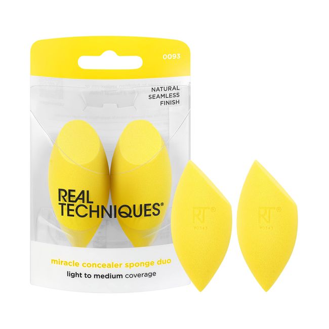 Real Techniques Miracle Concealer Sponge, Makeup Blending Sponge For Concealer, Elongated Shape & Precise Application, Yellow Sponge, Latex-Free Foam, 2 Count