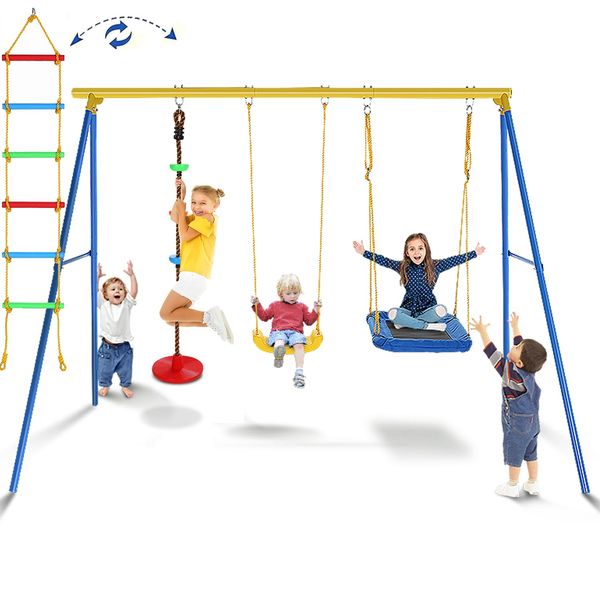 Plohee 550lbs 4 in 1 Swing Sets for Backyard - Heavy-Duty Metal Playset for Kids, Waterproof with 2 Adjustable Swings Climbing Rope Swing Climbing Ladder (Blue&Yellow)