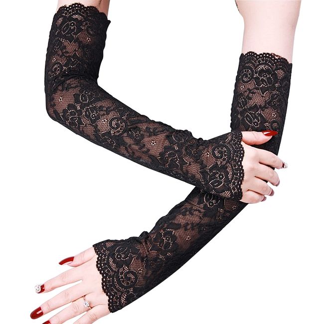 Coollooda Lace Arm Cover Lace Arm Cover Fingerless Gloves Bridal Gloves Long Gloves Party Dress UV Gloves Sun Protection Black