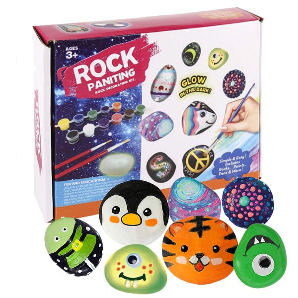 GENUMIX Rock Painting Kit for Kids Adult, DIY Arts and Crafts Supplies Kits for 16 Paint Rocks, Glow in The Dark Painting Rocks, Perfect Creative Painting Gift for Boys and Girls