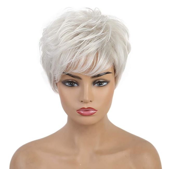 Grey Wigs for Women, Fluffy Temperament with Bangs Pixie Crop Wig Silver Gray Gradient Thick Hair Suitable for Middle-Aged and Elderly Women's Daily Use Party