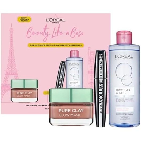 L'Oréal Paris Gift Set, Includes Mascara, Clay Mask, and Micellar Water, Ultimate Skincare and Makeup Essentials for Beautified Skin and Eyes, Prep and Glow, Beauty Like a Boss