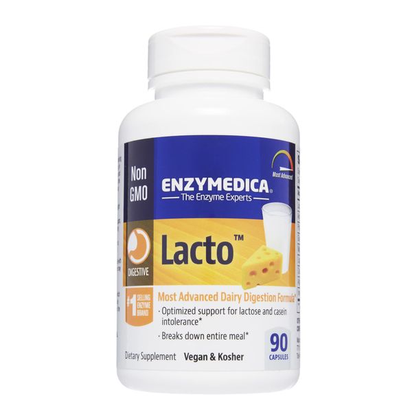 Enzymedica Lacto, Maximum Strength Formula for Dairy Intolerance, with Enzymes Lactase and Protease, Relieves Digestive Discomfort, 90 Capsules (FFP)