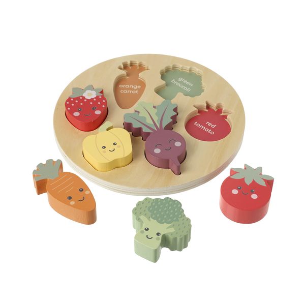 Happy Veggies Wooden Puzzle Board - Includes 6 Play Food Vegetables - Shape Sorter Wooden Puzzles for 1 Year Old, Toddler - Educational Montessori Early Development & Activity Toys by Orange Tree Toys