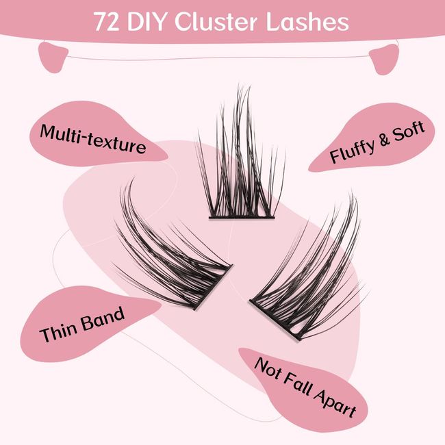 72 Pcs Individual Cluster Lashes DIY Lash Extension 8-16mm Eyelash Clusters Volume Wispy Lashes Super Thin Band Reusable Soft & Comfortable（FD-YY,D-10）