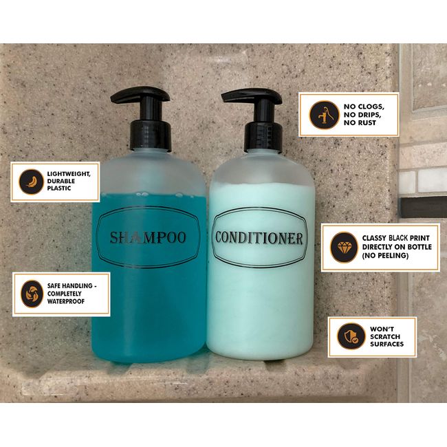 Bottiful Home-16 oz Grey Shampoo, Conditioner, Wash Shower Soap Dispensers-3 Refillable Empty Pet Plastic Pump Bottle Shower Containers-Printed