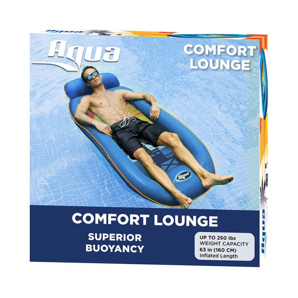 Aqua Comfort Pool Float Lounge – Inflatable Pool Floats for Adults with Headrest and Footrest – Blue/Orange Surfer Sunset