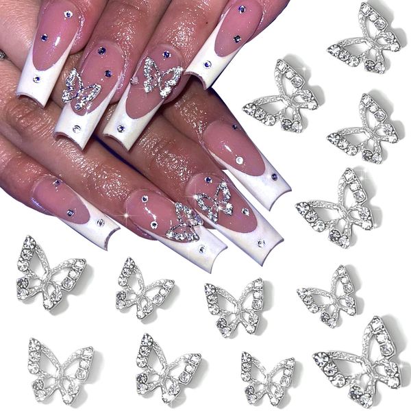 RODAKY 3D Alloy Butterfly Nail Art Charms 12PCS Silver Butterflies Nail Decoration with Gems and Rhinestones for Nail Crystals Design Butterflies Nail Art Jewels Accessories DIY Nail Supply