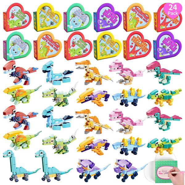 FUN LITTLE TOYS Dinosaur Building Block for Kids with Heart Boxes Dinosaur Valentines Gifts