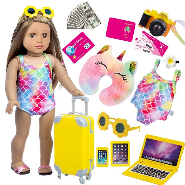 BDDOLL 18 Inch Doll Clothes and Accessories Dolls Travel Suitcase Luggage Play Set for 18 Inch Girl Doll Including Sunglasses Camera Computer Phone Ipad