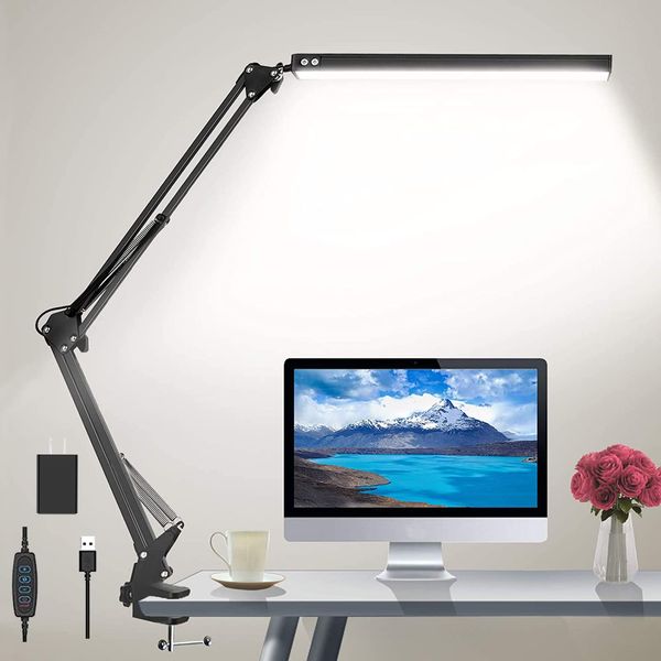 HaFundy LED Desk Lamp for Home,Office,Reading,Adjustable Eye-Caring Desk Light with Clamp,Swing Arm Lamp Includes 3 Color Modes,10 Brightness Levels Table Lamps with Memory Function(Black) (Black)