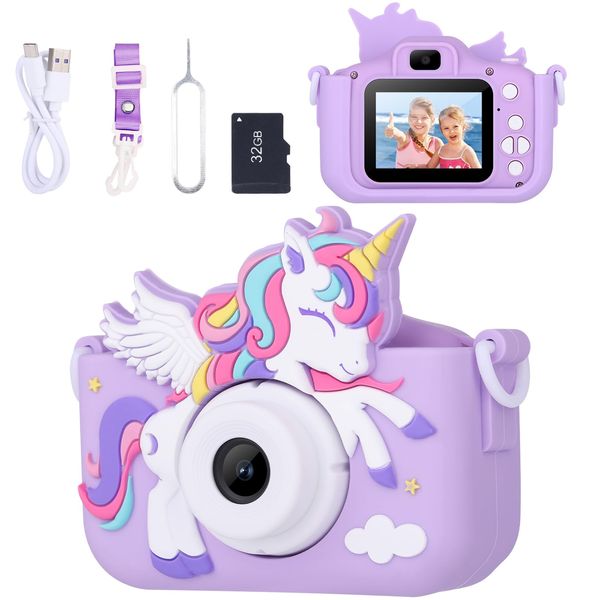 Envyvip Unicorn Toys Camera for Kids Girls Age 3-8, Toddler Kids Digital Camera Christmas Birthday Gifts for 3 4 5 6 7 8 Years Old Girl, Cute Selfie Video Camera, HD 1080P, 32GB SD Card, Purple