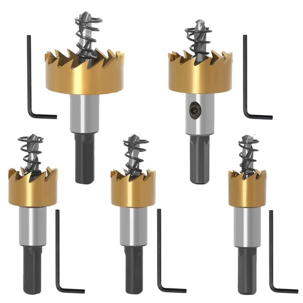 KEWAYO 5 Piece Hole Saw Set, Carbide Hole Saw, 0.6, 0.7, 0.7, 0.8, 0.8, 1.0, 1.2, 1.2 inches (16, 18, 20, 25, 30 mm), HSS High Speed Steel, Metal Alloy, Metal Processing Cutter, Drilling, Drilling