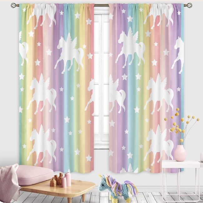 Cinbloo Teen Girls Bedroom Curtains, Unicorn Curtains,Rainbow Window Curtains,42Wx63L Inch Rod Pocket Pastel Starts for Kids Room Decor Mermaid Child Nursery Princess Playroom Window Drapes 2 Panel