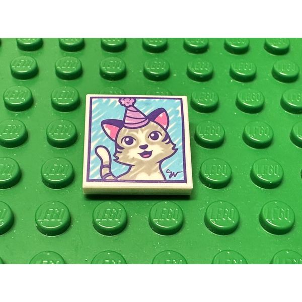 Lego 2X2 Tile with Cat Wearing Party Hat Drawing Pattern