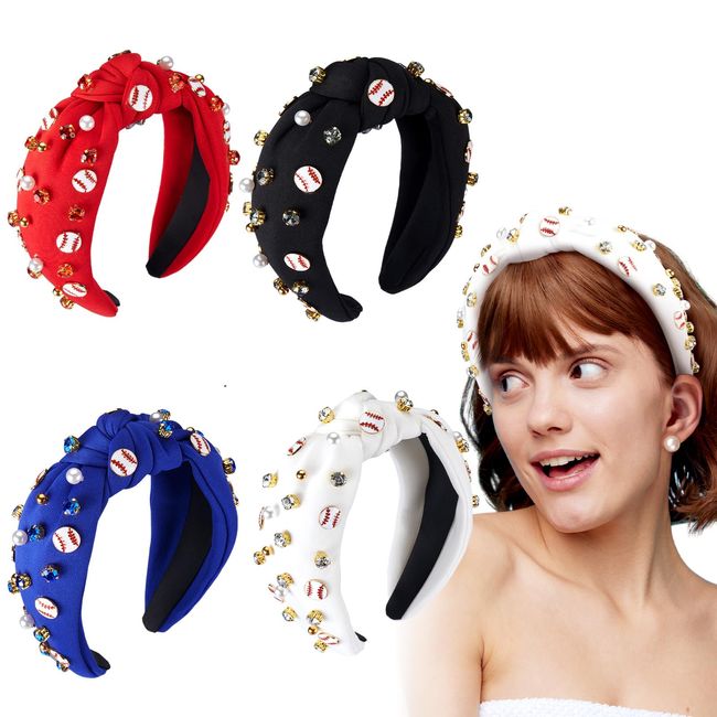 Riceshoot 4 Pcs Baseball Jeweled Knotted Headband for Women Wide Pearl Rhinestone Headband for Women Game Day Baseball Football Headband Crystal Sports Hair Accessories for Mom Women Fans Gift