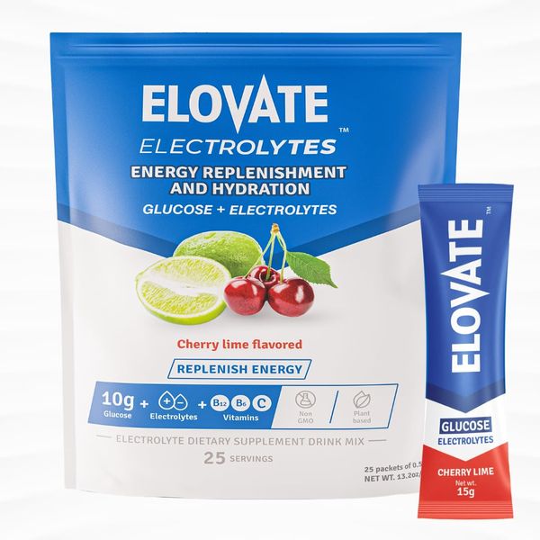 ELOVATE Electrolyte Drink Mix with 8 Grams of Glucose - Pack of 25, Lime Cherry - Dextrose - Glucose Powder - Energy Drink