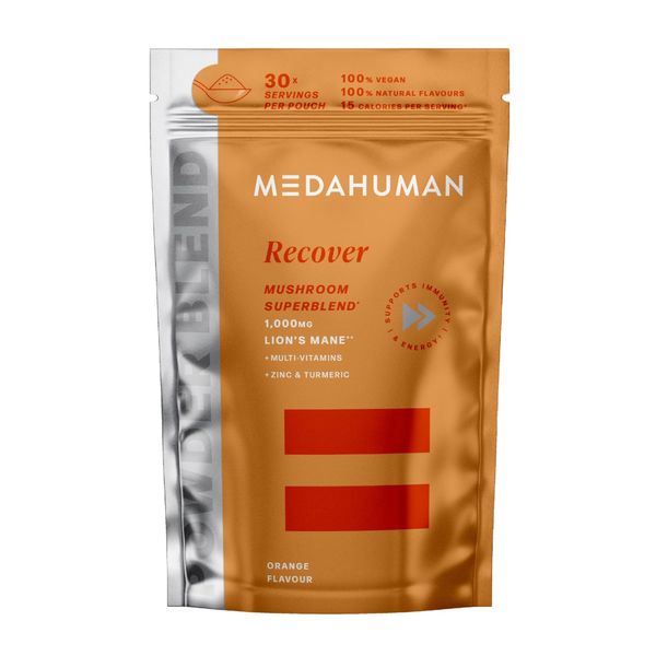 MEDAHUMAN® Recover | Lions Mane Powder & Mushroom Powder (30 Servings) | Superblend Lions Mane Supplement with Vitamin B Complex, Zinc, Turmeric & Ginger | Orange Flavour