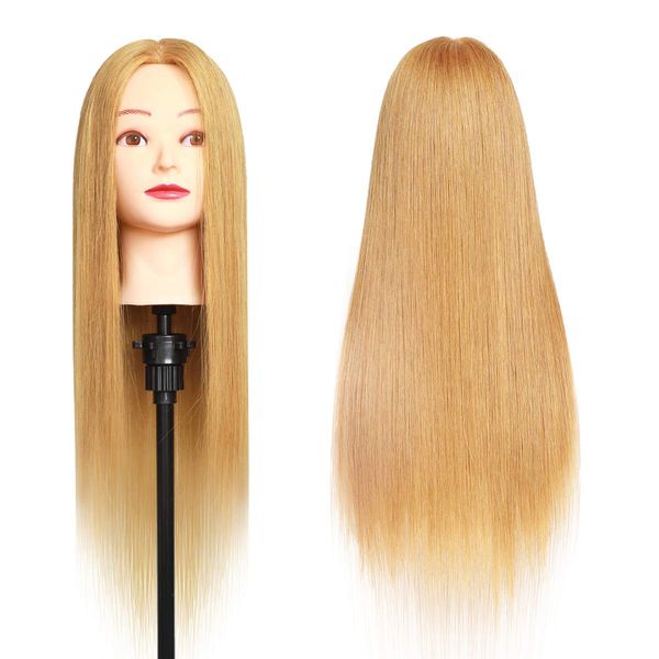 MEIBR Mannequin Head 100% Real Hair Styling Training Head 24-27inch Manikin Cosmetology Hairdressing Doll Head With Free Clamp Female+Braid Set (27#)