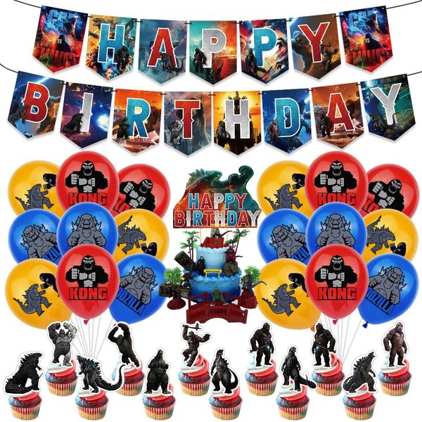 Godzilla Birthday Party Decorations Godzilla vs Kong Party Supplies, Banner Godzilla Balloons Godzilla Cake Toppers for Kid's Birthday Party